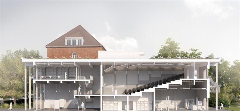 Die Visualisierung des Büros akyol kamps Architekten zeigt den geplanten Erweiterungsbau an der Hochschule 21 in der Schnittperspektive. Das Gebäude im Hintergrund ist die Albert-Schweitzer-Schule.