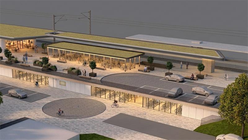 Harte Diskussion im Rat: Pläne für Bahnhofsumbau in Buxtehude beschlossen Die Visualisierung des neuen Bahnhofs für Buxtehude aus Richtung Giselbertstraße. Hier ist das Fahrradparkhaus gut zu erkennen.