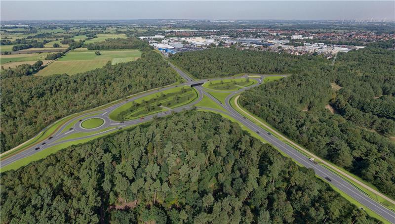 Die Visualisierung zeigt die geplante Anschlussstelle B73 bei Neu Wulmstorf. Die B73 wird mittels Brückenbauwerk über die B3neu geführt. Auch hier geht es erst einmal nicht weiter.