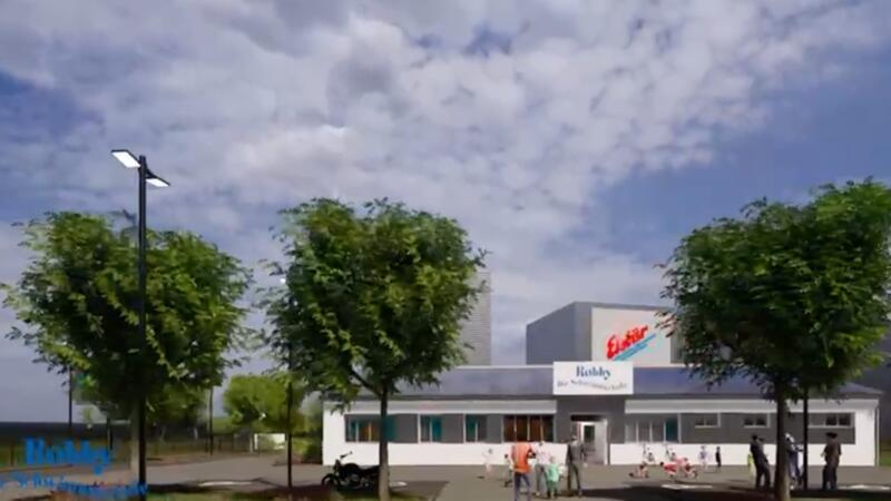 Die Visualisierung zeigt die geplante Schwimmhalle direkt bei Eisbär Eis im Apenser Gewerbegebiet.