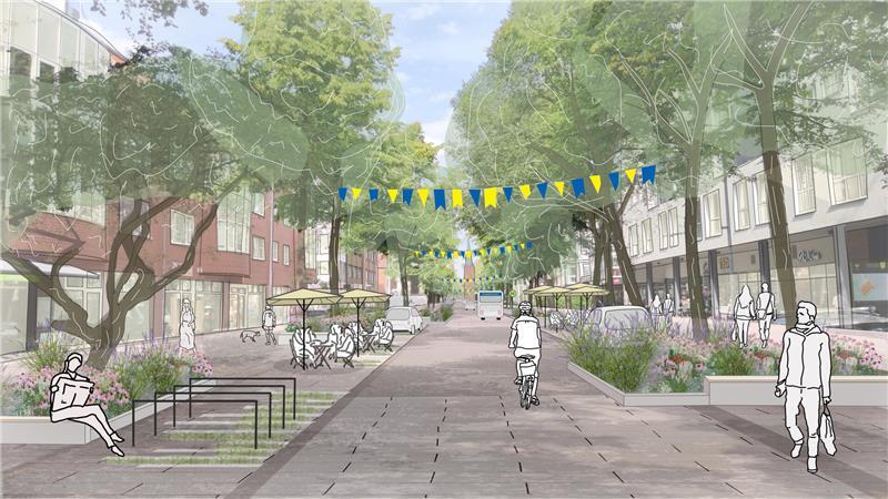 Viele Parkplätze in Buxtehudes Innenstadt: Planer hält das für „verrückt“ Die Visualisierung zeigt eine Idee des Büros Umbau Stadt zur Umgestaltung der Bahnhofstraße in Buxtehude. Sie sieht Pflanzbeete und Sitzgelegenheiten vor, die in den Straßenraum hineinragen.