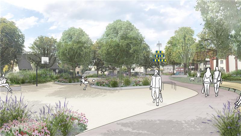 Die Visualisierung zeigt eine Idee des Büros Umbau Stadt zur Umgestaltung des Schafmarktplatzes in Altkloster. Sie sieht eine öffentliche Nutzung für Freizeitsport und Schatten spendende Bäume vor.