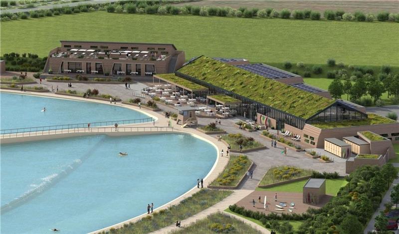 Naturschützer wollen mit Klage Stader Surfpark verhindern Die Visualisierung zeigt einen Teil des Surfbeckens, des Außengeländes und das Haupt- und Nebengebäude des geplanten Surfparks. Visualisierung: pixelbaustelle.de