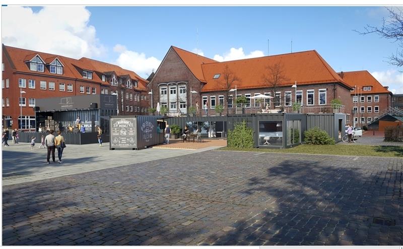 Das passiert im Januar auf dem Platz Am Sande in Stade Die Visualisierung zeigt, was bald in ähnlicher Form auf dem Platz Am Sande Realität sein könnte: Container als Bühne, als Tonstudio, mit Dachterrasse. Visualisierung: Ankerplatz e.V.
