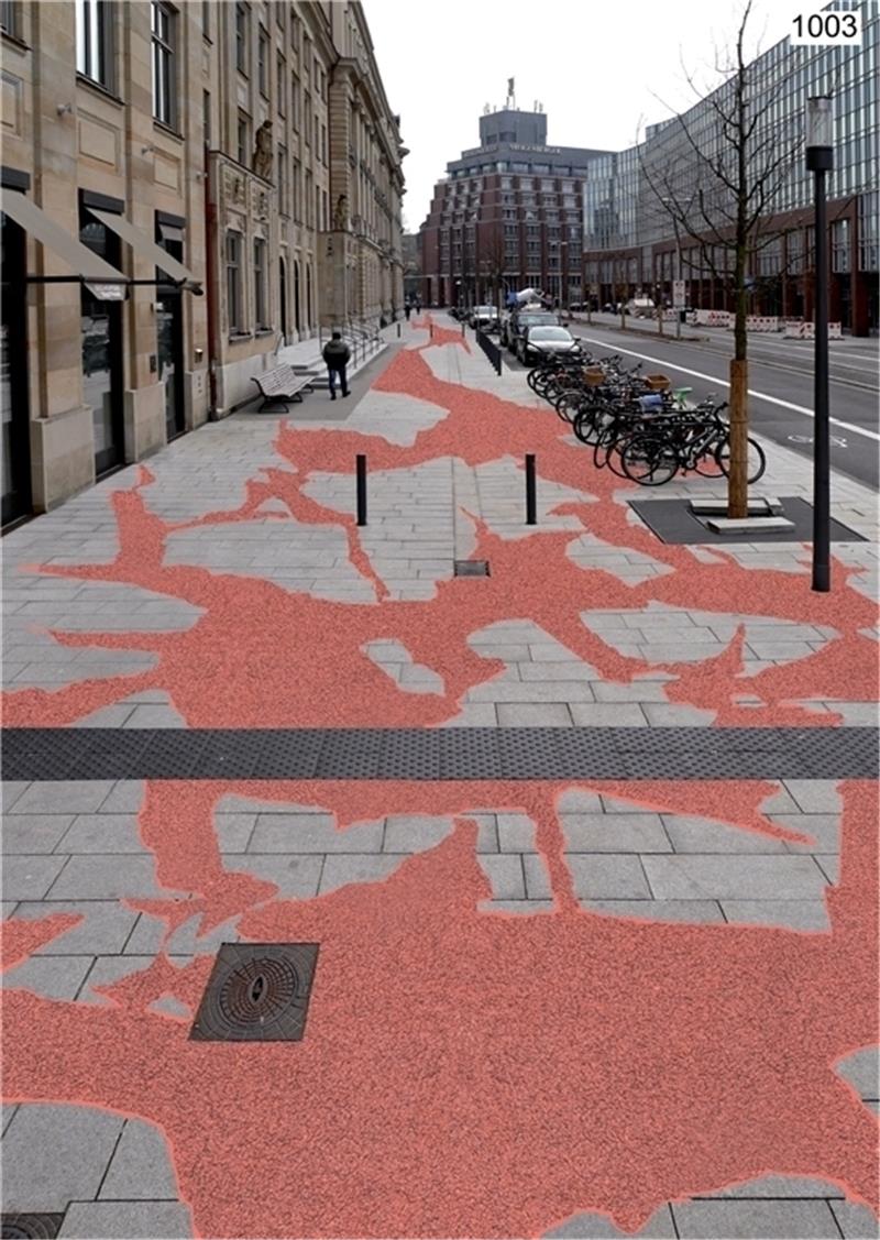 Die Visualisierung zeigt, wie der Bürgersteig vor dem Stadthaus nach Umsetzung des Entwurfs aussehen könnte. Foto missing icons