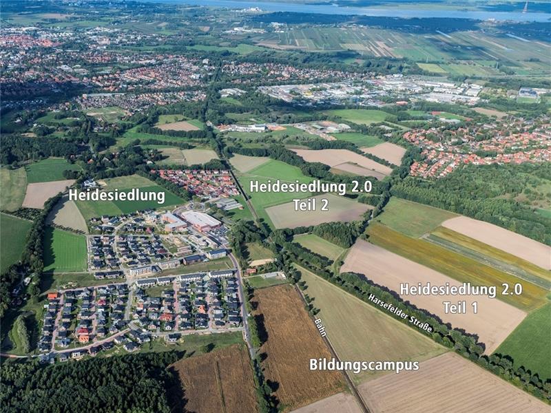 Die Vogelperspektive auf die Erweiterungsflächen der Heidesiedlung. Luftfoto: Martin Elsen