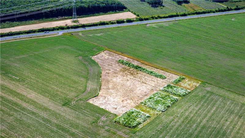 Surfpark Stade: Klagewelle rollt zum nächsten Gericht Die Vorbereitungen für den gestoppten Bau des Surfparks sind in Umrissen auf dem Feld im Stader Süden zu sehen.