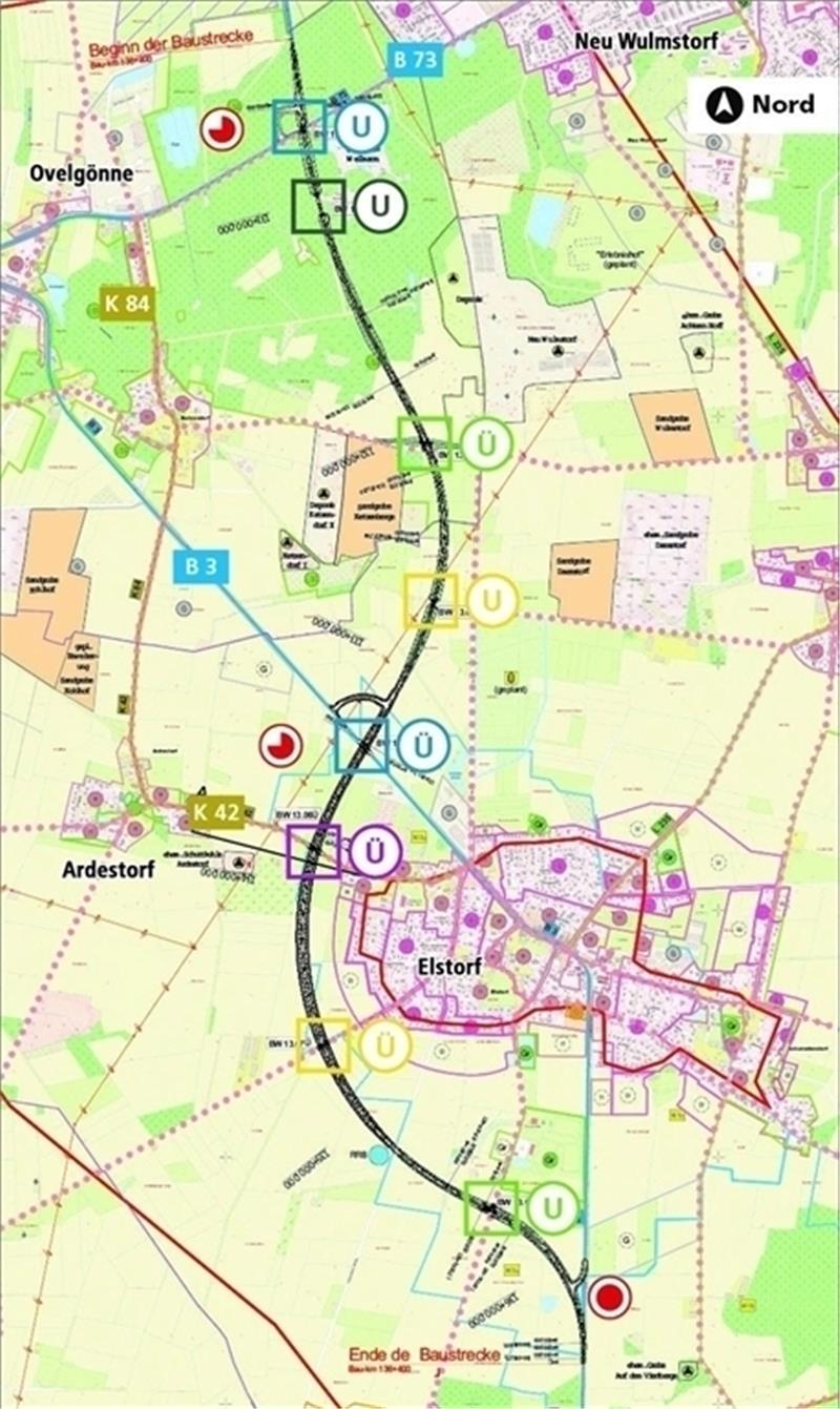 Die Vorzugsvariante 1.3 der Umgehung Elstorf ist rund sechs Kilometer lang, führt in Verlängerung der Umgehung Neu Wulmstorf westlich um Elstorf und mündet in Höhe Bachheide kurz vor der Kreuzung Rosengartenstraße wieder auf die alte B 3. K