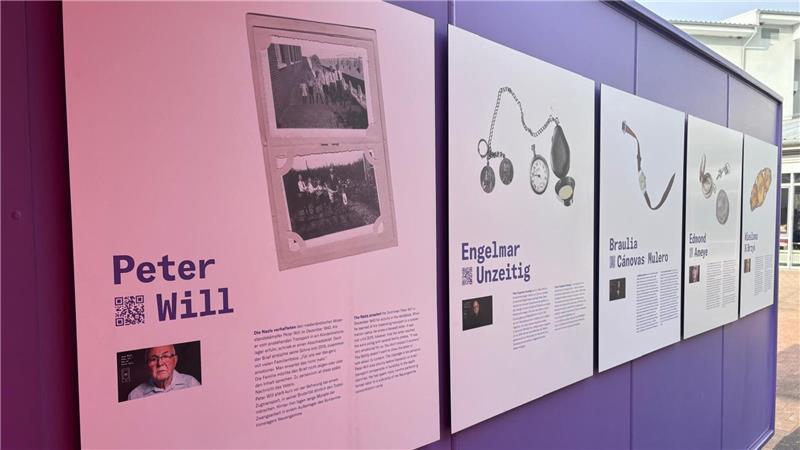 Die Wanderausstellung "Stolen Memory" macht derzeit am Aue-Geest-Gymnasium in Harsefeld Halt. Die blau hinterlegten Plakate zeigen Effekten, die bereits zurückgegeben werden konnten.