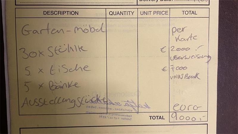 Die abfotografierte Quittung ist der NZ von der Firma „Barlow Outdoor Living“ übermittelt worden. Daraus gehen auch Details zur Firmenbezeichnung hervor, die der Redaktion vorliegen.