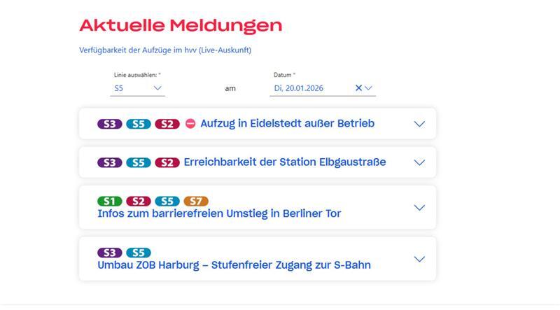 Die aktuellen Störungsmeldungen werden beim HVV in der Fahrplanauskunft angezeigt - man kann sie jedoch auch gesondert abrufen, so wie hier.