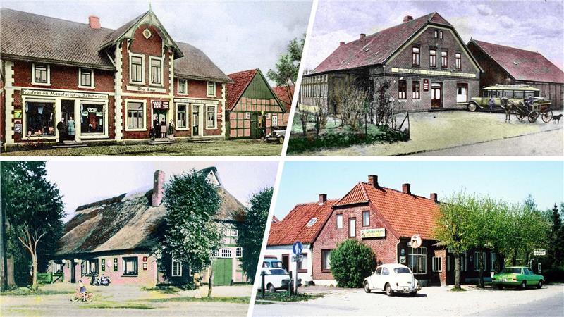 Die alten Lokale von Uthlede: Gaststätte „Zur Erholung“ (v.o.l.), „Tante Meta“ Blendermann, die Gaststätte „Würger“ und die Gaststätte „Up‘n Barg“.