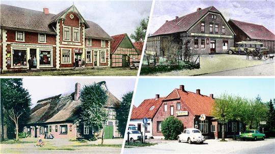 Die alten Lokale von Uthlede: Gaststätte „Zur Erholung“ (v.o.l.), „Tante Meta“ Blendermann, die Gaststätte „Würger“ und die Gaststätte „Up‘n Barg“.