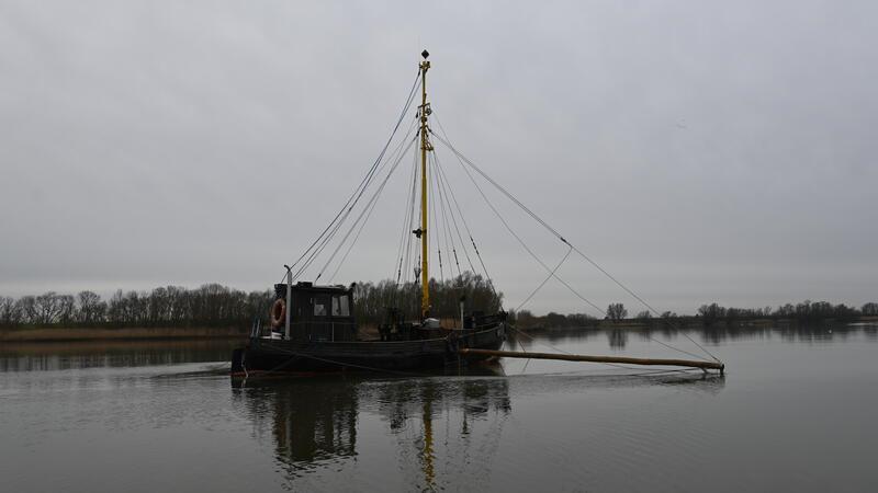 Die beiden Netze hängen an den Baumen des Kutters Elise im Wasser der Hahnöfer Nebenelbe.