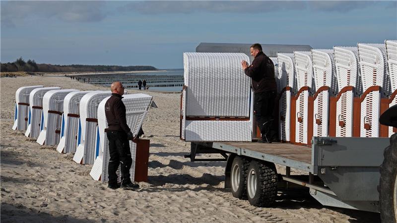 Die ersten Strandkörbe stehen in Reih‘ und Glied am Strand von Zingst.