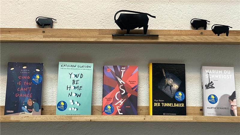 Buxtehuder Bulle: Diese fünf Jugendbücher buhlen um den Preis Die fünf nominierten Buchtitel aufgereiht in einem Regal mit Bullen-Plastiken im Miniaturformat