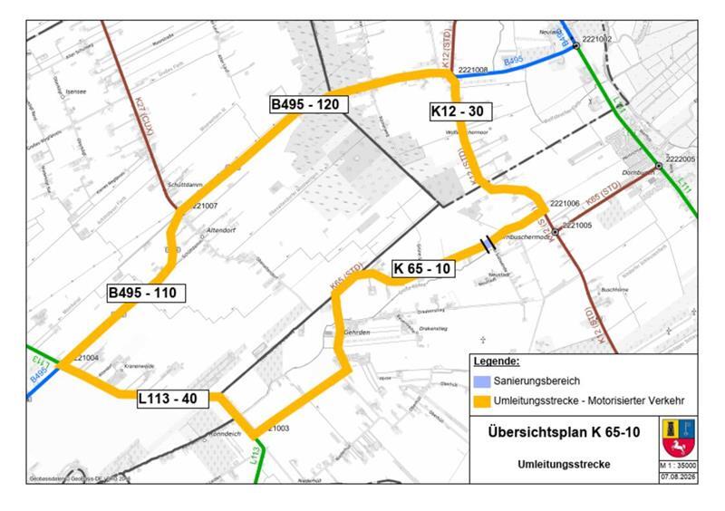 Die geplante Umleitungsstrecke während der Sanierung der K65 zwischen Hüll und Dornbuschermoor.