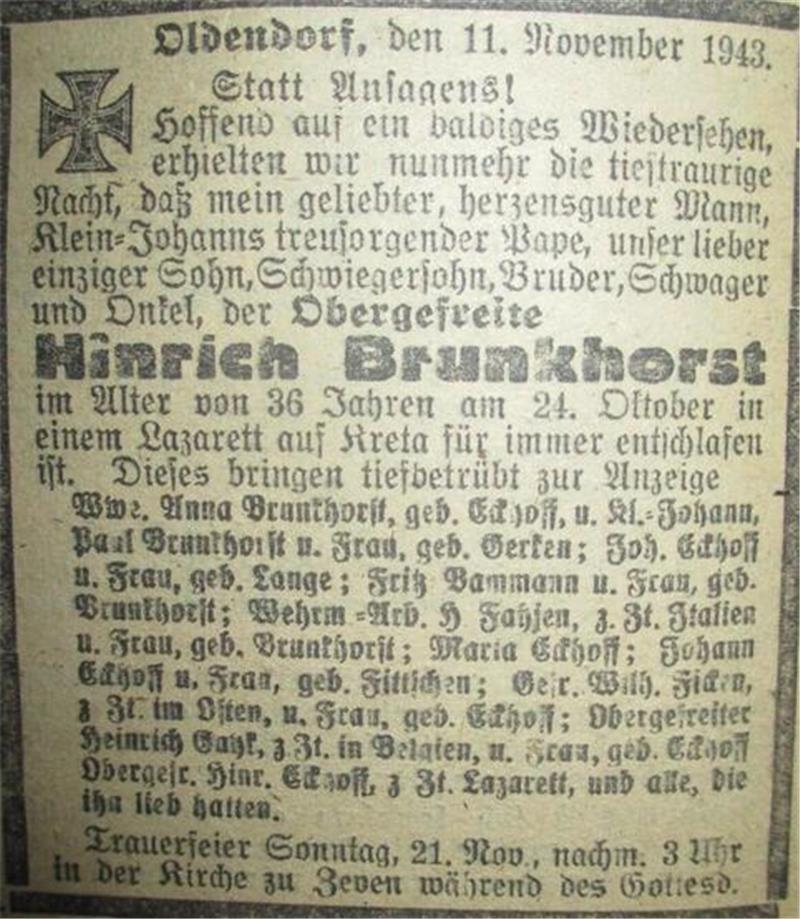 Das tragische Ende von Gerken Hini auf Kreta Die in der "Zevener Zeitung" erschienene Todesanzeige von Hinrich Brunkhorst.