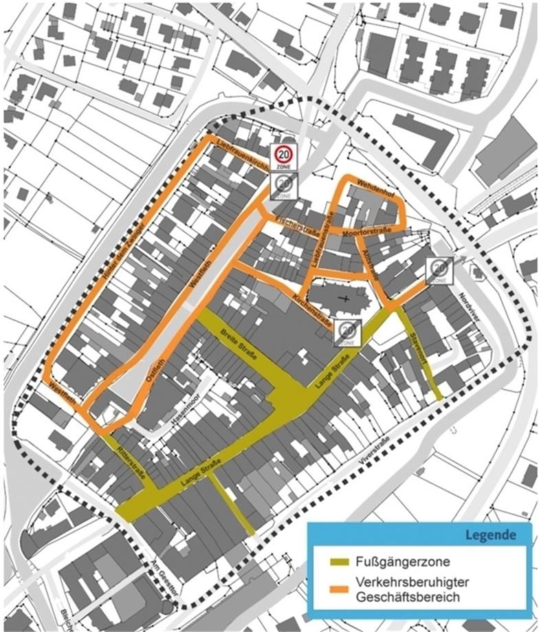 Die mit der Farbe Orange gekennzeichneten Flächen sollen in Zukunft ein sogenannter „verkehrsberuhiger Geschäftsbereich“ werden. Das ist im Grunde eine Tempo-20-Zone. Die jetzige Fußgängerzone bliebe unangetastet. Grafik: Hansestadt Buxtehu