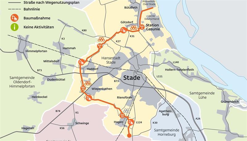 Mega-Bauprojekt: 7 spannende Fakten zur neuen Gaspipeline im Kreis Stade Die orange Linie zeigt die Trasse der Pipeline ETL 179/200, die von Bützfleth nach Deinste führt.