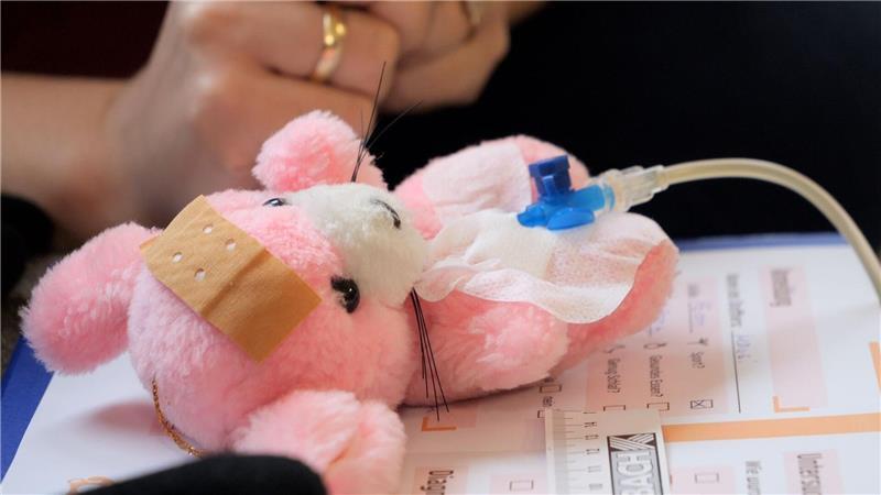 Die pinkfarbene Stoffmaus „Mausi“ kam mit Bauchschmerzen zum Arzt – und wurde in Bissendorf liebevoll von kleinen Händen versorgt.