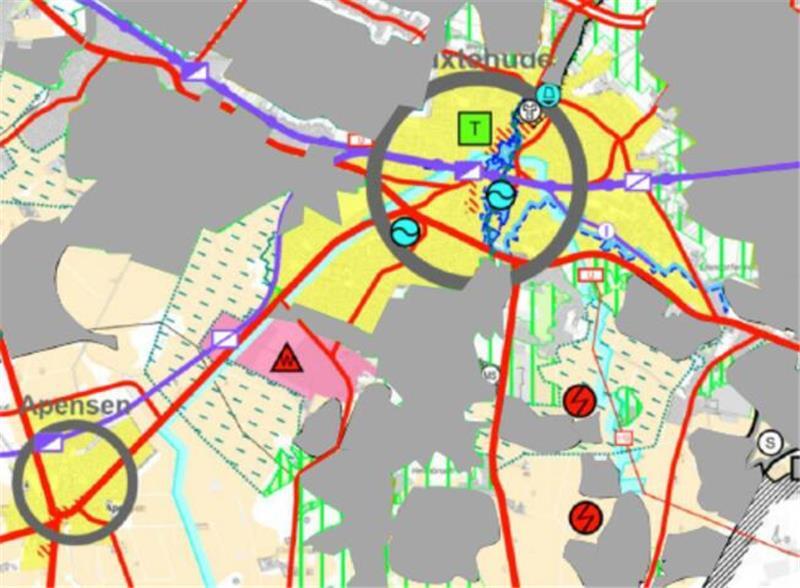 Buxtehudes Zukunft liegt im Süden: Neue Sportanlage für zwei Vereine? Die rosa Fläche zwischen Apensen und Buxtehude ist der Bereich, in dem sich Buxtehude noch entwickeln darf. Die grauen Flächen in anderen Bereichen mit grünen Linien und Strichen sind gesperrt.