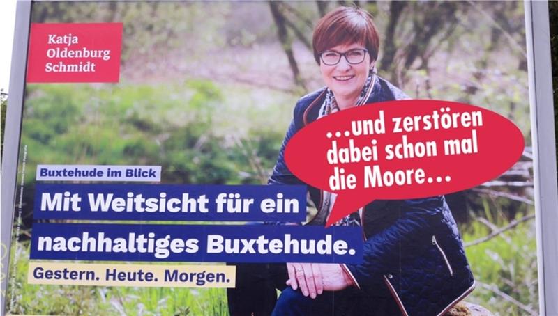 Die rote Sprechblase hat der Ortsverbandsvorsitzende der Buxtehuder Grünen ins Plakatfoto eingefügt und im Internet veröffentlicht. Screenshot: Richter