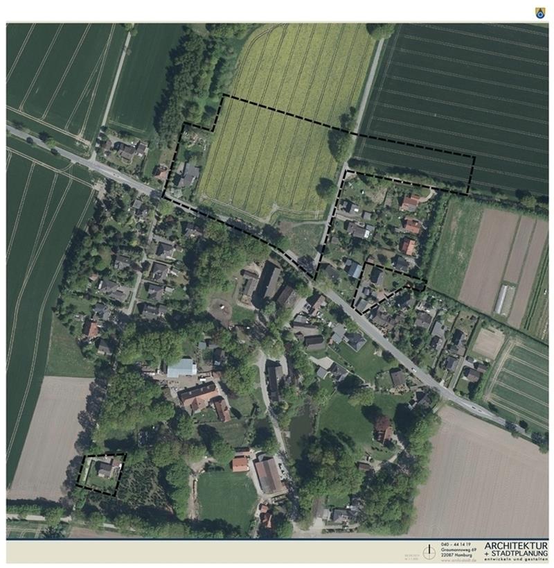 Die schwarz gestrichelte Fläche zeigt die Lage des neuen Wohngebiets im Norden des Dorfes Ohlenbüttel.