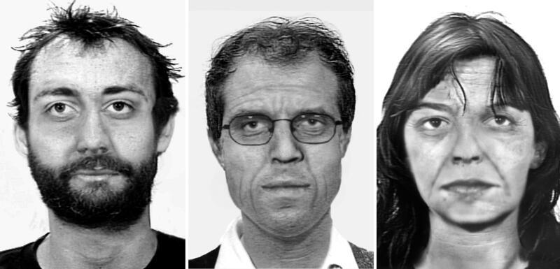 LKA: Ex-RAF-Terrorist Garweg möglicherweise im Ausland Die undatierten Handouts des Bundeskriminalamtes (BKA) zeigen Alterssimulationen von Burkhard Garweg (l-r), Ernst-Volker Wilhelm Staub und Daniela Klette.