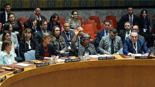 Die us-amerikanische UN-Botschafterin Linda Thomas-Greenfield (M) stimmt im Weltsicherheitsrat gegen einen Resolutionsentwurf für einen Waffenstillstand im Gazastreifen.