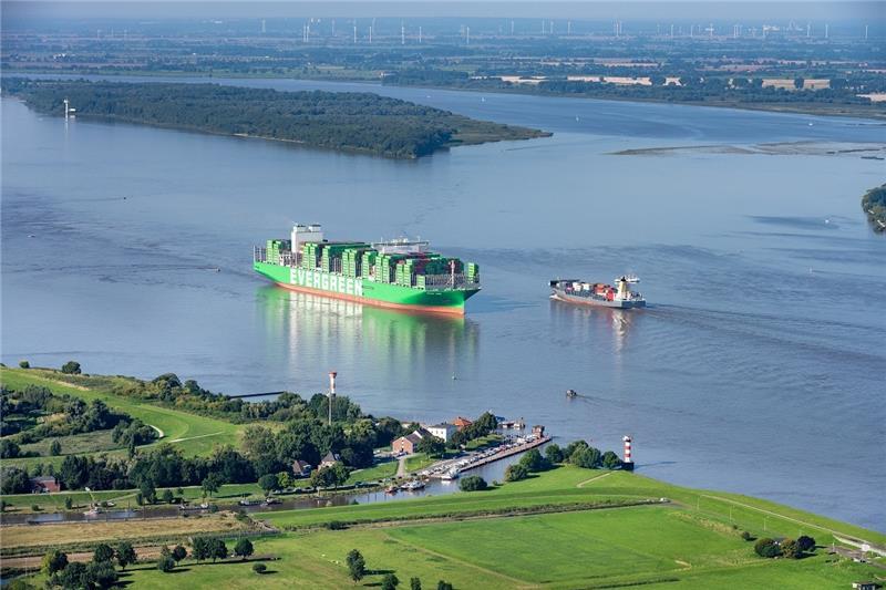 Die „Ever Ace“ passiert auf der Elbe Stadersand. Foto: Martin Elsen