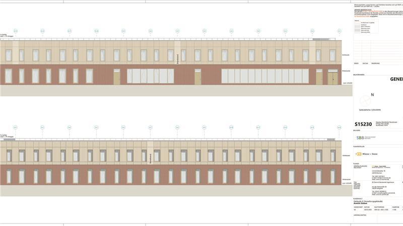 Diese Architekturzeichnungen zeigen erstmals, wie das Betriebsgebäude des Baubetriebshof-Neubaus aussehen wird. Vorgesehen ist eine Holzfassade.