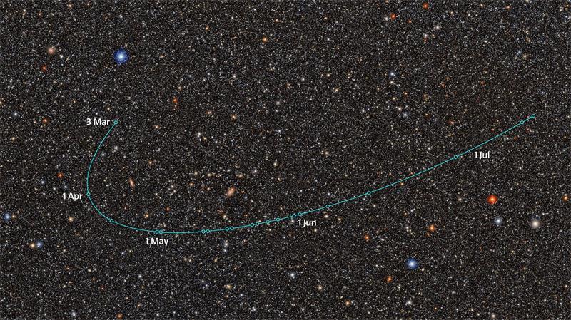 Diese Illustration zeigt die Umlaufbahn des neu entdeckten Zwergplaneten-Kandidaten 2026 ED138 (ED138), wie er vom NSF-DOE Vera C. Rubin Observatory beobachtet wurde.