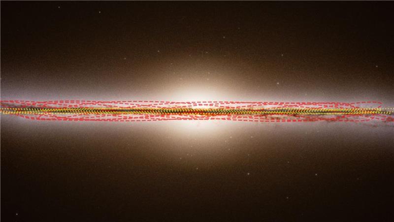 Interstellares Objekt könnte ältester gesichteter Komet sein Diese Illustration zeigt eine Seitenansicht der Milchstraße und die geschätzten Umlaufbahnen unserer Sonne und des Kometen 3I/ATLAS. Der Komet ist mit roten gestrichelten Linien, die Sonne mit gelben gepunkteten Linien dargestellt.