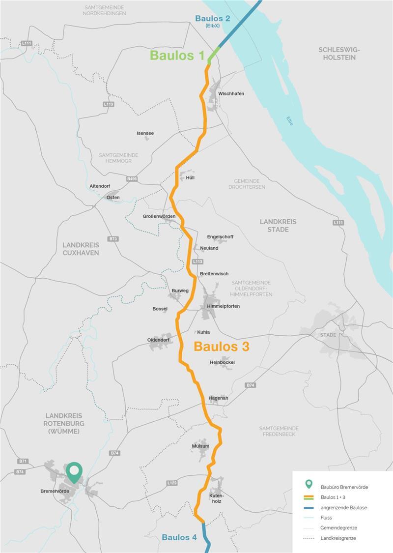 Erste Arbeiten in Kutenholz: Mega-Trasse Suedlink erreicht den Landkreis Diese Karte zeigt den Weg der Stromtrasse durch den Landkreis Stade. Baulos steht für Teilabschnitt.