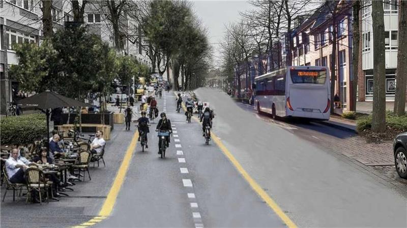 Verkehrsversuch Bahnhofstraße: Die zehn wichtigsten Fragen und Antworten Diese Montage kommt von der Initiative Buxtehude fährt Rad. Sie zeigt, dass auf der Bahnhofstraße viel Platz für Gestaltung vorhanden ist.