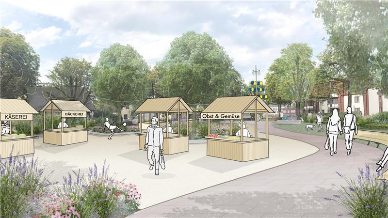Teure Mieten, wenig Schatten: Experten wollen Altkloster attraktiver machen Diese Visualisierung des Büros Umbau Stadt zeigt die Idee von Marktbuden auf dem Schafmarktplatz in Altkloster. Zu Veranstaltungen könnten die Marktstände weggeräumt werden.