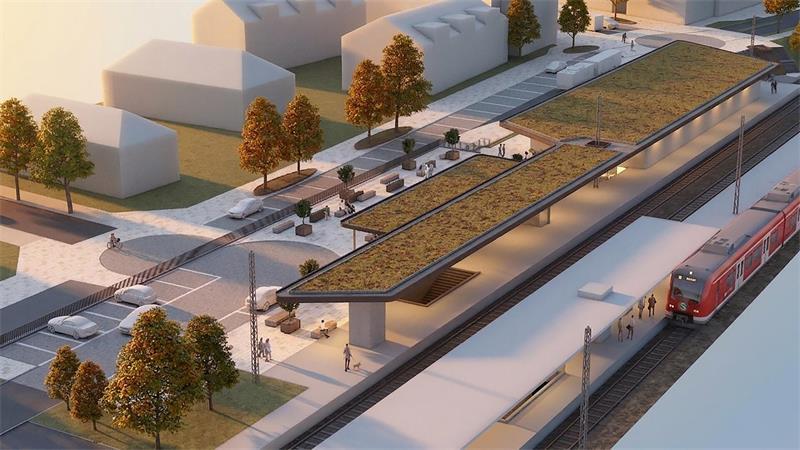 Neuer Buxtehuder Bahnhof: Politik macht Weg frei für weitere Schritte Diese Visualisierung zeigt den Bahnhof von der Südseite mit dem großen Dach und dem Wendebereich für Autos.