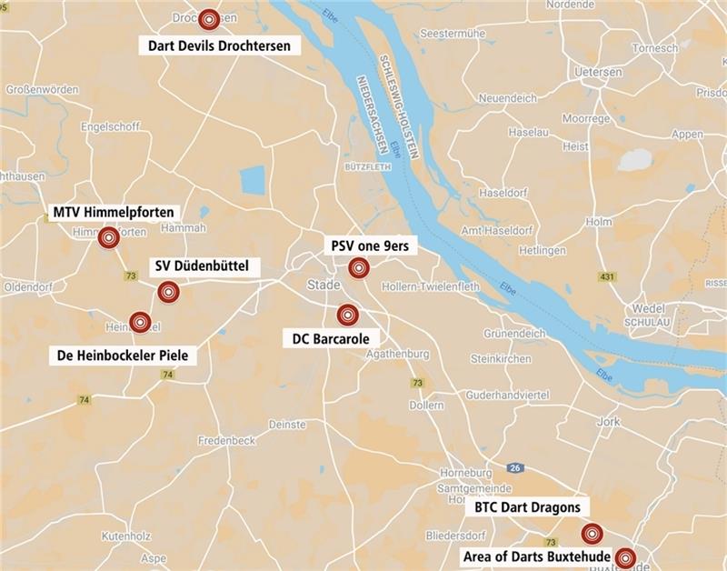 Diese acht Vereine nehmen am Spielbetrieb teil. Karte: Google/Vonderbank