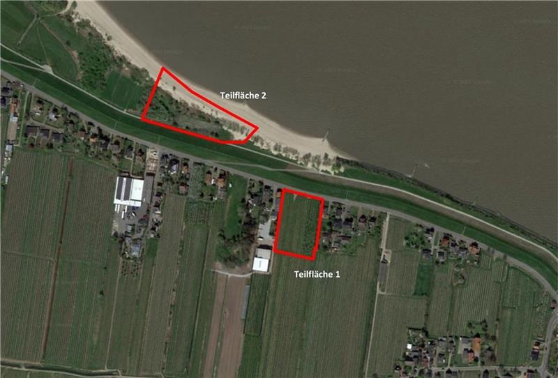 Diese beiden Teilflächen umfasst der erste Entwurf für den B-Plan für das Hotel am Bassenflether Strand. Foto: Google Maps, Grafik: Elbberg