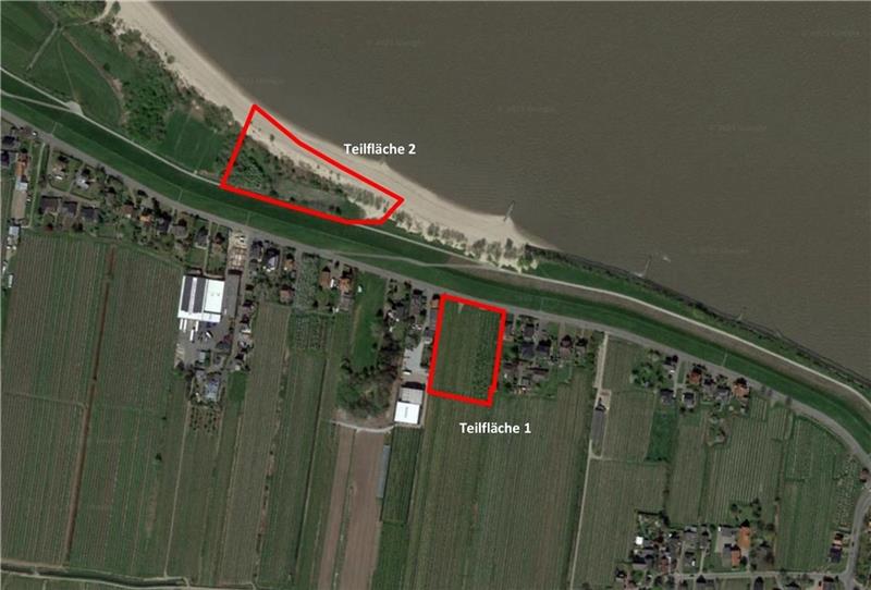 Diese beiden Teilflächen umfasst der erste Entwurf für den B-Plan für das Hotel am Bassenflether Strand. Foto: Google Maps, Grafik: Elbberg
