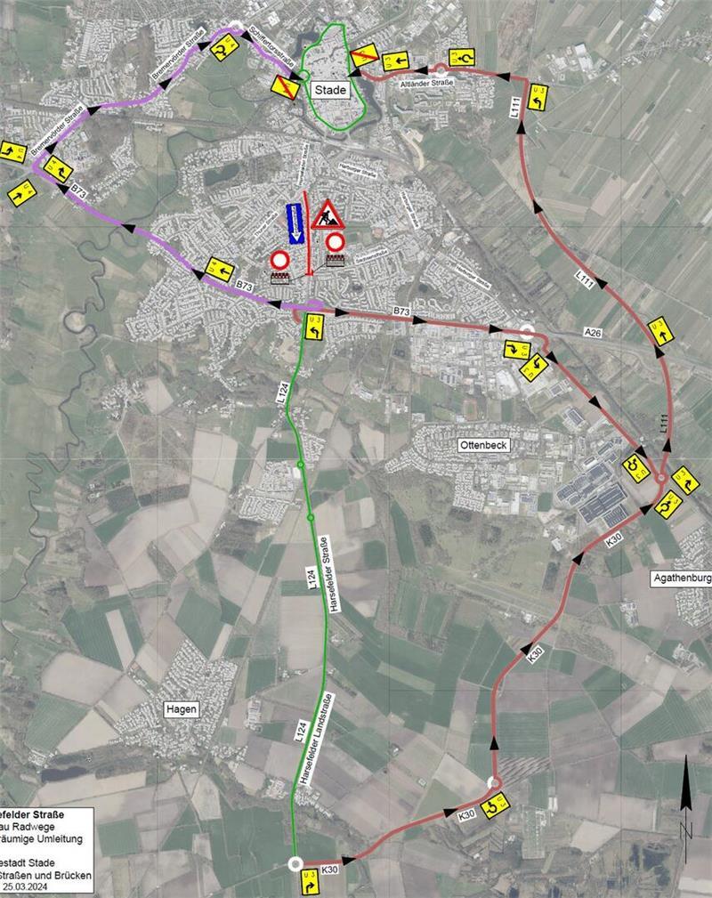 Dauerbaustelle Harsefelder Straße: Baufeld zieht weiter – Was sich ändert Dieser Plan zeigt die großräumige Umleitung aufgrund der Bauarbeiten auf der Harsefelder Straße.