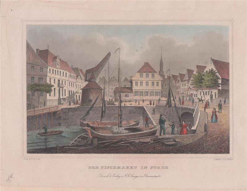Dieser Stahlstich von E. Höfer nach einer Zeichnung von C.A. Lill stammt aus dem Stadtarchiv Stade, Graphiksammlung Nr. 14, und zeigt das alte Zollhaus am Fischmarkt im 19. Jahrhundert.