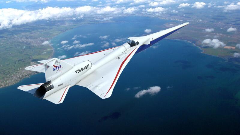 Plopp statt Knall: Nasa stellt neues Überschallflugzeug vor Dieser künstlerische Entwurf aus dem Jahr 2019 zeigt, wie das von der NASA in Auftrag gegebene neue Überschallflugzeug Lockheed Martin X-59 QueSST (kurz für Quiet SuperSonic Technology) aussehen könnte.