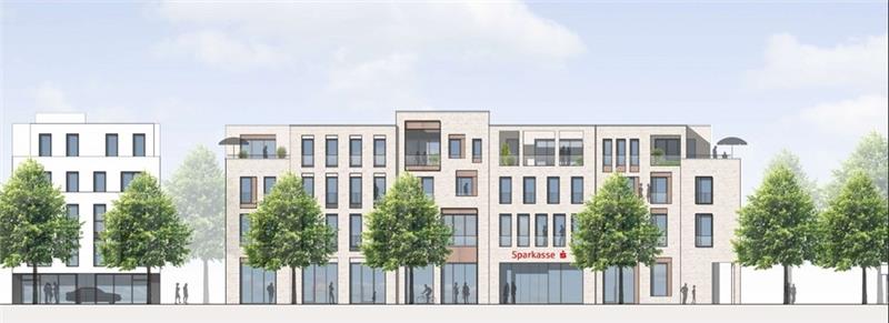 Dieser neue Wohn- und Geschäftskomplex soll das Sparkassengebäude an der Bahnhofstraße ersetzen. Links ist das bestehende Ärztehaus zu sehen. Visualisierung: Lohmann Architekten