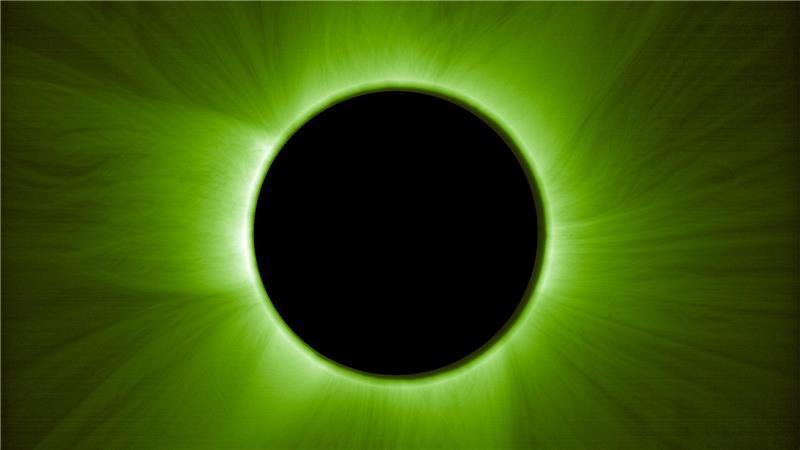 Dieses Bild wurde von einem Satelliten der „Proba-3“-Mission aufgenommen. Es zeigt die innere Sonnenkorona so, wie ein menschliches Auge sie bei einer Sonnenfinsternis durch einen grünen Filter sehen würde.