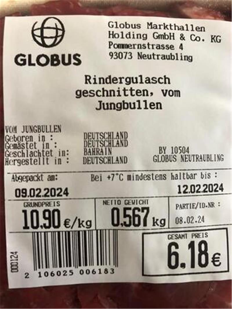 Gulasch-Etikett sorgt im Internet für Empörung Dieses Etikett aus dem Supermarkt Globus geht gerade im Internet viral.