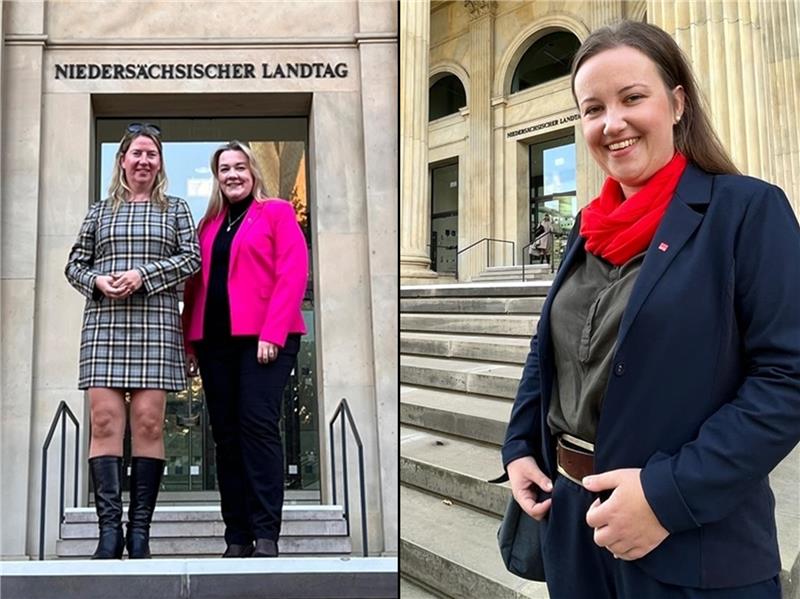 Dieses Motiv muss sein: Birgit Butter (links) und Melanie Reinecke sowie Corinna Lange posieren vor dem Landtag in Hannover.