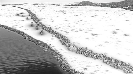 Dieses vom Leibniz-Institut für Ostseeforschung Warnemünde (IOW) zur Verfügung gestellte Foto zeigt eine grafische Rekonstruktion des Steinwalls als Treibjagdstruktur in einer spätglazialen/frühholozänen Landschaft.