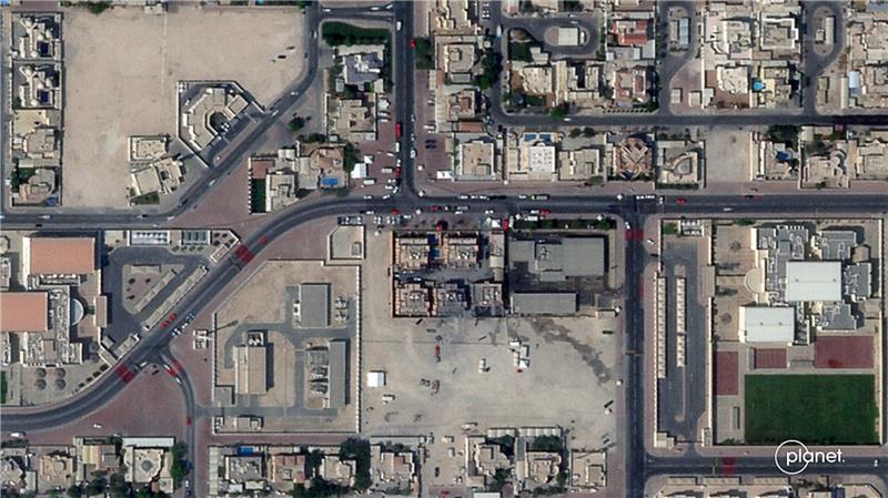 Dieses von Planet Labs PBC zur Verfügung gestellte Satellitenfoto zeigt einen Gebäudekomplex (M) nach einem israelischen Angriff in der katarischen Hauptstadt. (Bestmögliche Qualität)
